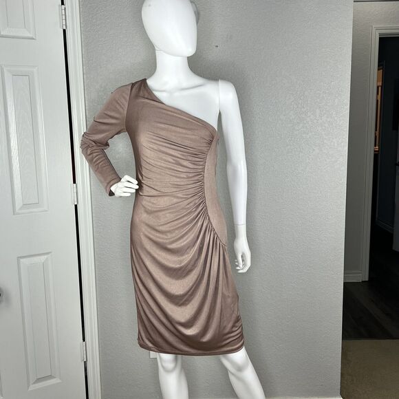 JILL STUART Womens Size 4 One Shoulder Cocktail Sheath Dress Beige Shimmer - Picture 3 of 7